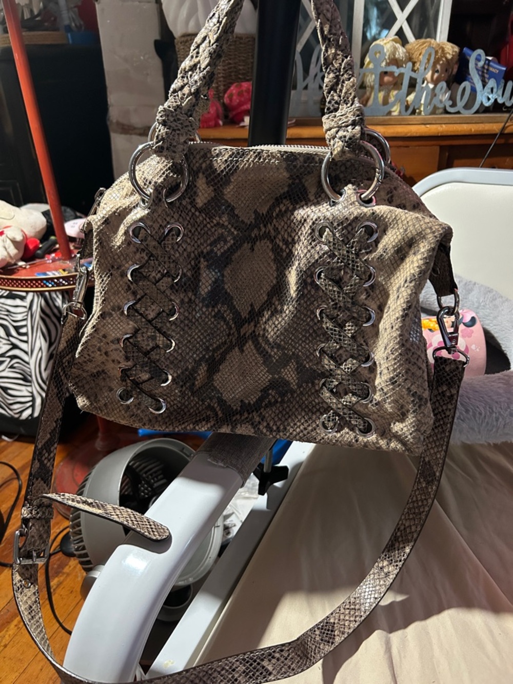 Michael Kors Taupe Snake-Print Braided Shoulder Bag